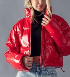 "NO REFUNDS-please check sizing Small (2/4), Medium (6/8), Large (10) Black Red High Shine Puffer Jacket Padded design, drop sleeves, hood at back, funnel neck, zip This cropped coat comes in vinyl, and combines the essence of street wear. Model is Wearing Size Small. Model: 5'9\" 32B bust, 25\" waist, and 36\" hips. 100% Polyurethane /100% Polyester Perfect, Soft Cozy top to wear with your Dainty Accessories. Active or lounge, also great for casual outings. Gentle Cycle, Hand Washing/Hang Dry R Red Hooded Outerwear With Zipper Closure, Red Hooded Outerwear With Zipper, Red Winter Outerwear With Zipper Closure, Red Winter Outerwear With Zipper, Red Puffer Jacket With Zipper For Fall, Red Puffer Jacket With Zipper Closure For Fall, Red Winter Puffer Jacket With Zipper, Red Puffer Outerwear For Fall, Red Puffer Jacket For Fall