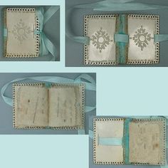 three photographs of an old book with ribbon