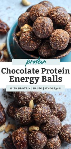 chocolate protein energy balls stacked on top of each other with nuts in the background and text overlay