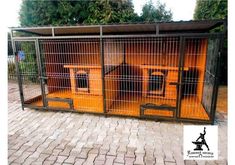 an orange caged area with two dogs in it