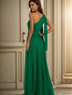 Orcajump - One-Shoulder Bodycon Evening Gown: Elegant Solid Color Floor-Length Dress Green One Shoulder Floor-length Evening Dress, Green One-shoulder Floor-length Evening Dress, Green Off-shoulder Prom Dress, One Shoulder Green Evening Gown, Green Evening Gown With Asymmetrical Neckline, One-shoulder Green Evening Gown, One Shoulder Maxi Dress For Banquet, Green Gown With Asymmetrical Neckline For Evening, One-shoulder Maxi Dress For Banquet