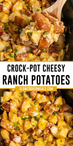 Close up of Crock-Pot cheesy ranch potatoes with bacon on a wooden spoon. Cheesy Bacon Ranch Potatoes, Cheesy Ranch Potatoes, Crockpot Side Dishes, Potatoes Crispy, Zesty Ranch, Bacon Ranch Potatoes, Cheesy Ranch, Ranch Potatoes