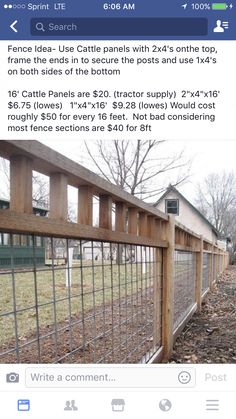 the fence is made of metal wire and wood, along with leaves on the ground