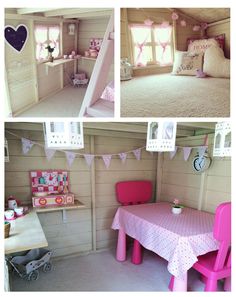 the interior of a doll house with pink furniture and decorations