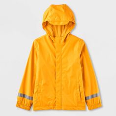 Update your kiddo's wardrobe for rainy-weather days with this Solid Rain Coat from Cat & Jack™. Made from water- and wind-resistant material, this hooded raincoat keeps your child dry and comfy at all times. The front placket with a full-length zipper allows for easy on and off, while the two welt pockets provide space for stashing small essentials. They can layer it over a range of their outfits for versatile and functional styling. Cat & Jack™: Designed for all children so you can trust it's m Yellow Raincoat, Weather Day, Hooded Raincoat, Rainy Weather, Rain Coat, Flare Leggings, Cat & Jack, Pair Of Pants, Women's Coat