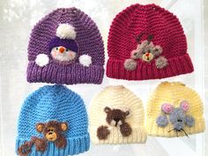 four knitted hats with animals on them