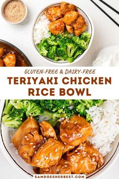 two bowls filled with chicken and broccoli on top of rice