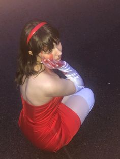 girl with brown hair and bangs who is sittning on the ground in a red dress with fake blood dripping down her head Mima Perfect Blue Costume, Mima Kirigoe Cosplay, Mima Costume, Perfect Blue Costume, Mima Perfect Blue Cosplay, Perfect Blue Cosplay, Mima Cosplay, Mima Perfect Blue, Anime Curly Hair