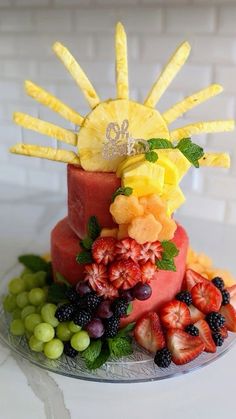 a cake decorated with fruits and flowers on a plate