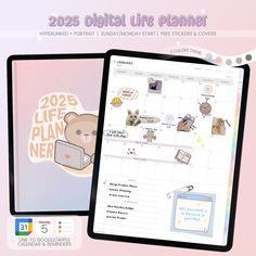 a calendar with stickers on it and a teddy bear holding a laptop in front of it