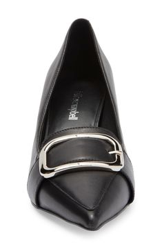 A flared block heel and ultrapointy toe bring glamour to a polished loafer-inspired pump finished with a dramatically oversized buckle. 2 1/2" heel Leather upper/synthetic lining and sole Imported Pointed Toe Loafers With Padded Heel For Work, Low Heel Loafers With Padded Heel For Workwear, Modern Pointed Toe Loafers With Stacked Heel, Block Heel Court Shoes With Buckle For Work, Closed Toe Heels With Buckle Closure For Office, Office Heels With Buckle Closure And Closed Toe, Closed Toe Court Shoes With Buckle For Work, Block Heel Buckle Closure Work Heels, Formal Pointed Toe Loafers With Sculpted Heel