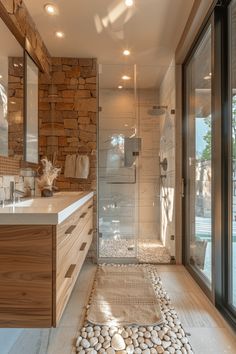 a bathroom with stone walls and flooring next to a walk in glass doored shower