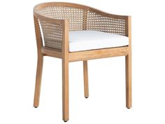 a wooden chair with white cushions on it