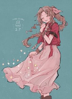 a drawing of a girl with long hair holding a knife and wearing a pink dress