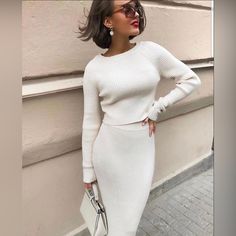 Size: Medium Colors: White, Tan, Light Green Elegant Sweater Outfit, Fall Knit Sweater, Skirt Two Piece, Slim Fit Crop Top, Winter Knit Sweater, Elegant Sweater, Office Outfits Women, Pullover Outfit, Skirt And Top Set