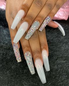 White Acrylic Nails, Long Acrylic Nails Coffin, Unique Acrylic Nails, Bling Acrylic Nails, Gem Nails, Glam Nails, Pink Acrylic Nails, Fire Nails, Bling Nails