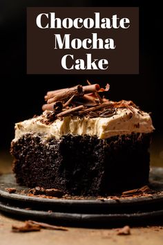 a chocolate mocha cake on a plate with the title above it