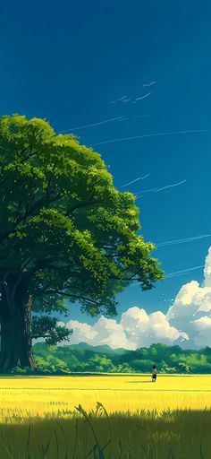 a large tree in the middle of a grassy field under a blue sky with clouds