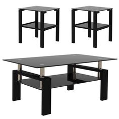 three black tables with glass tops and one shelf on each side, all in different positions