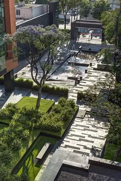 an aerial view of a garden with trees and plants in the center, surrounded by buildings