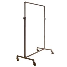 a metal garment rack with wheels and two rails on each side, holding clothes or other items