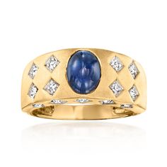 Ross-Simons - C. 1980 Vintage 2.00ct Sapphire, .25ct t. w. Diamond Ring Oval Cut Size 6.5. C. 1980. Uniquely versatile with its 3/8" wide band design, this ultra-chic Estate collection ring features a 2.00 carat oval sapphire cabochon in a low-profile setting of 14kt yellow gold. Sparked all over with .25 ct. t. w. round brilliant-cut diamonds in 14kt white gold, it's a stunning statement enhanced by brushed and polished finishes for a distinct and sophisticated look. Diamond and sapphire ring. Diamond And Sapphire Ring, Vintage Sapphire Ring, Multi Gemstone Necklace, Sapphire Cabochon, Antique Jewelry Rings, Sapphire Birthstone, Sapphire Band, Vintage Sapphire, Gemstone Necklaces