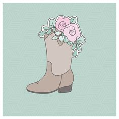 a pair of boots with flowers in them on a blue and green background, illustration