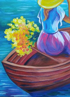 a painting of a woman in a boat with flowers