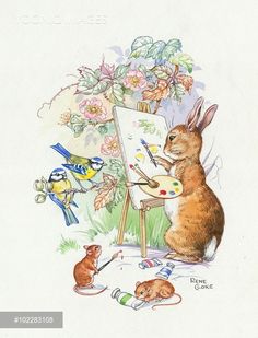 a rabbit painting on an easel with birds and flowers