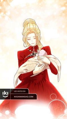 an anime character holding a baby in her arms and wearing a red dress with white dots on