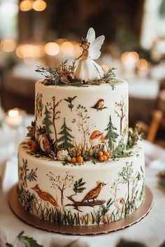 a wedding cake decorated with birds and trees