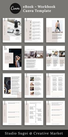 the book workbook canvas template is displayed on a gray background with black and white images