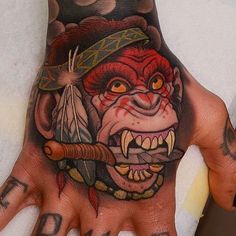 Traditional Hand Tattoo, Monkey Tattoo, Monster Tattoo, Monkey Tattoos, Muster Tattoos, Theme Tattoo, Geniale Tattoos, Traditional Tattoo Flash, Neo Traditional