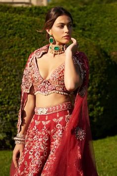 Red can can attached lehenga featuring zardozi embroidered floral vine motifs, embellished by sequins, pearls and beads. Comes with padded embroidered blouse and embroidered cut-out border dupatta. - Aza Fashions Red V-neck Choli For Wedding, Red Bollywood V-neck Set, Red V-neck Bollywood Set, Red Embroidered V-neck Set, Red Lehenga, Floral Vine, Bridal Set, Bridal Lehenga, Embroidered Blouse