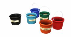 four buckets with different colors and labels on them