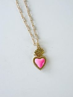 14 in Catholic Sacred Heart Necklace | 14k Gold Filled Chain | 18k Gold Filled Charm This beautiful 14-inch necklace features a 14k gold-filled crinkle cable chain paired with an 18k gold-filled Sacred Heart of Jesus charm, accented in pink enamel. Anti-tarnish and hypoallergenic, it's perfect for daily wear and a meaningful addition to your jewelry collection. Pink Gold Jewelry With Adjustable Chain For Gift, Trendy Yellow Gold Heart Charm Jewelry, Trendy Yellow Gold Jewelry With Heart Charm, Trendy Yellow Gold Jewelry For Mother's Day, Trendy Yellow Gold Jewelry For Valentine's Day, Pink Gold Plated Necklace Gift For Her, Pink Gold Plated Necklace For Her, Pink Jewelry With Lobster Clasp For Valentine's Day, 14k Gold Filled Necklaces For Valentine's Day