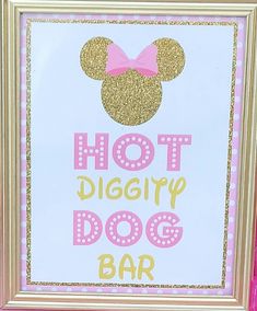 a sign that says hot diggly dog bar with a minnie mouse head on it