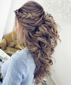 Curly Half Updo With A Braid And Bouffant Partial Updo, Wedding 2025, Wedding Hair Down, Bridal Hairstyles, Wedding Hairstyles For Long Hair, Half Up Hair, Wedding Hair And Makeup, Bride Hairstyles