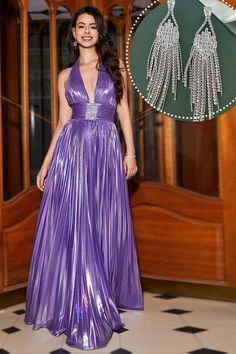 Zapakasa Women Prom Dress with Slit Sparkly Purple Halter A Line Formal Dress with Pleated A Line Formal Dress, Purple Halter, Maxi Prom Dress, Purple Prom, Purple Prom Dress, Womens Prom Dresses, Maxi Dress Prom, Formal Party, Long Maxi