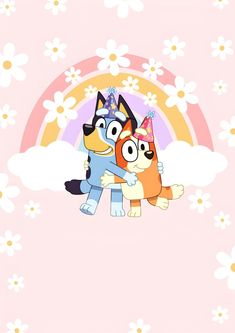 two cartoon dogs hugging each other in front of a pink background with daisies and flowers