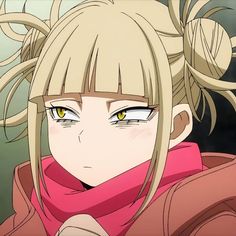 an anime character with blonde hair and yellow eyes looks at the camera while wearing a pink scarf