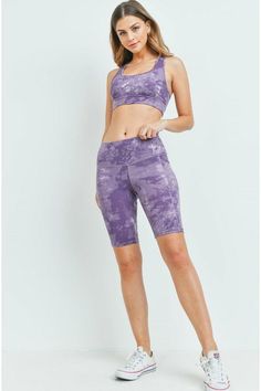 Comes as a set. 98% Polyester 2% Spandex Small measurements: TOP: L: 12" B: 27" W: 26" SHORTS: L: 19" W: 26: I.S.: 9" Lavender Tie, Biker Short Set, Lavender Fabric, Biker Short, Workout Sets, S 10, Short Set, Biker Shorts, Short Sets