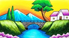 a drawing of a bridge over a river with houses on the other side and mountains in the background