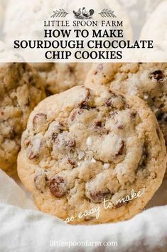 chocolate chip cookies with text overlay that says how to make sourdough chocolate chip cookies