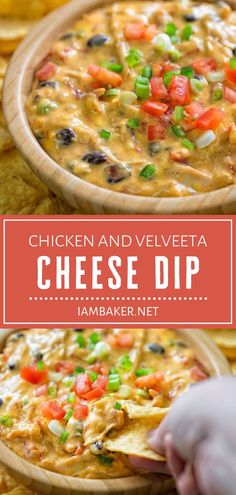 chicken and velveeta cheese dip with tortilla chips