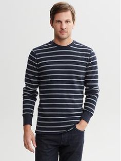 Striped waffle-knit crew-neck pullover | Banana Republic Style Savvy, Work Style, Work Fashion, Waffle Knit, Wool Sweaters, New Work, Banana Republic, Long Sleeve Tshirt Men, Crew Neck