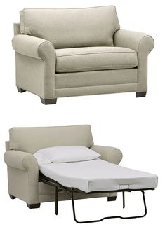 a couch with a mattress attached to it and an arm chair next to the sofa