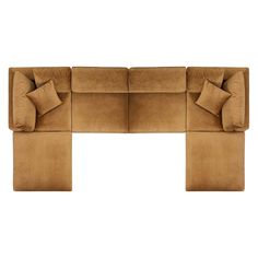 a brown couch with two pillows on it and one arm folded over the other side