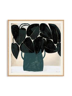 a painting with black leaves in a blue vase