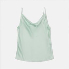 fibflx women's clothes summer silk fabric cowl neck camisole spaghetti strap tank top light blue green Spring Silk Tops With Cowl Neck, Summer Silk Tops With Delicate Straps, Silk Strappy Top For Summer, Silk Tops With Delicate Straps For Summer, Summer Camisole With Cowl Neck, Silk Tank Top With Delicate Straps, Spring Silk Camisole With Built-in Bra, Feminine Silk Camisole Tank Top, Silk Camisole With Tank Straps For Summer